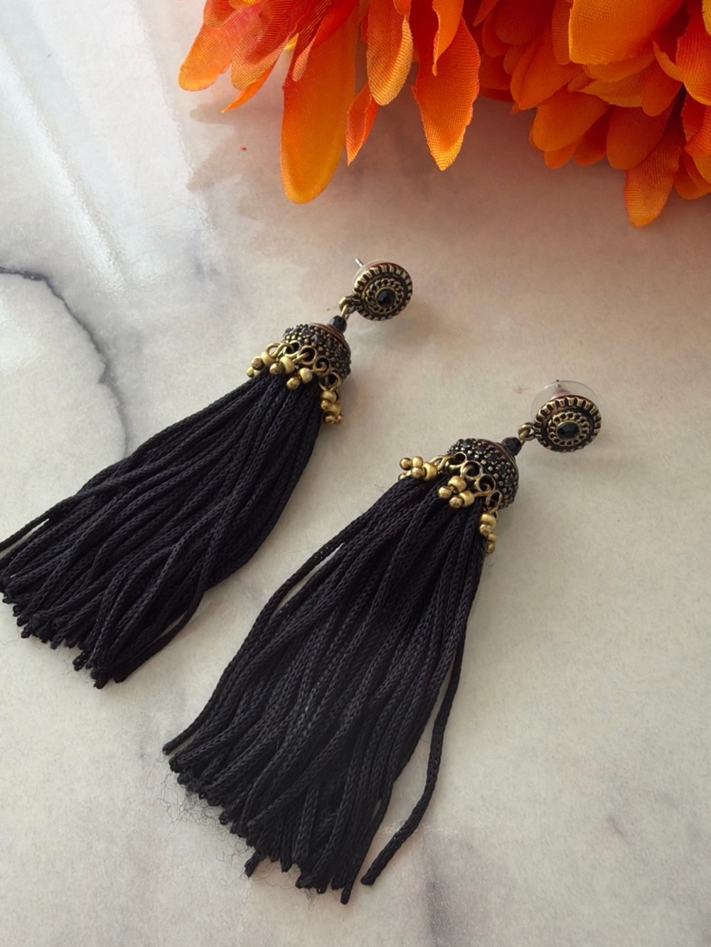 Forever 21 Black Tassel Earrings with Gold-Tone Accents